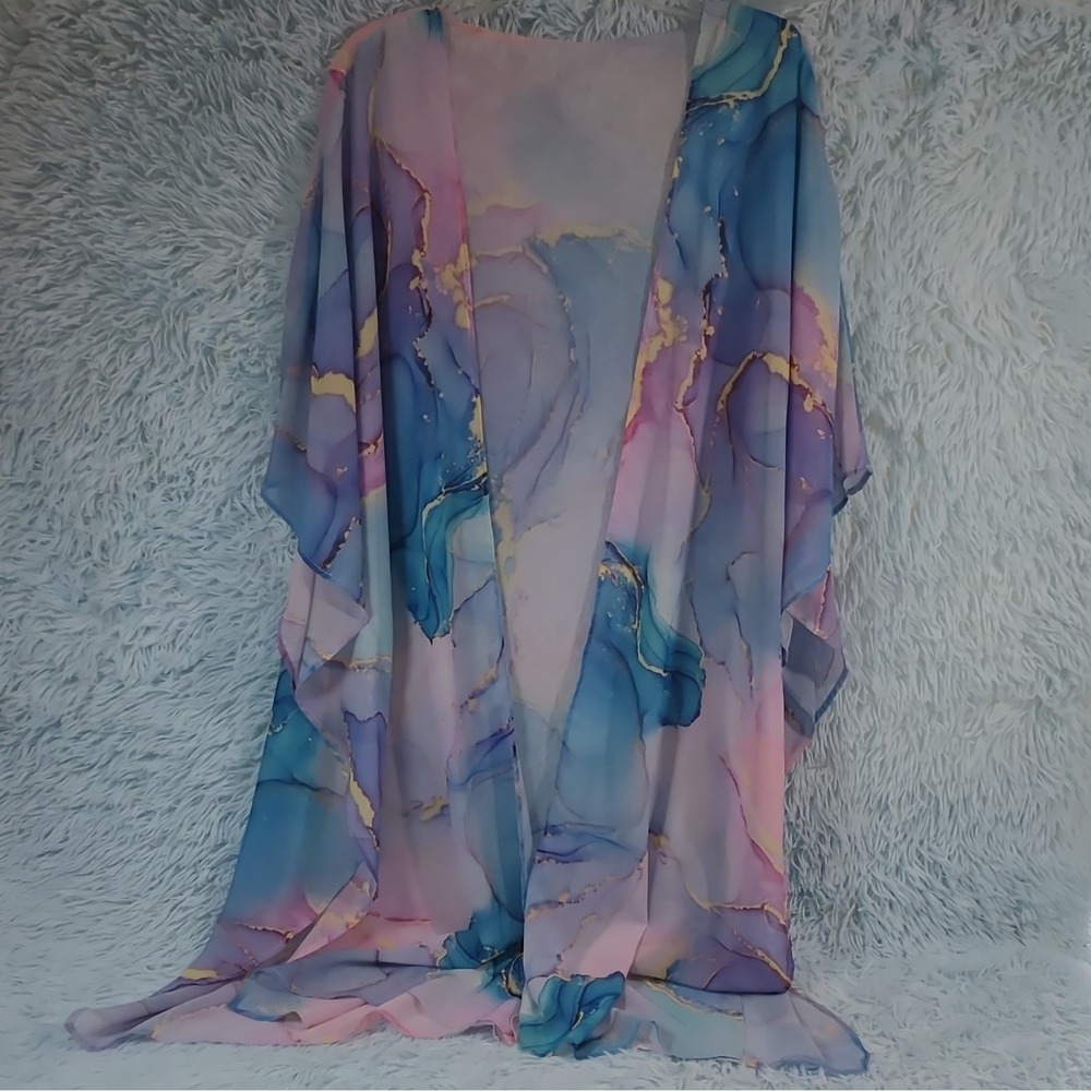 Abstract Marble Print Kimono Cardigan Open Front Plus Size 2XL Watercolor Pastel
